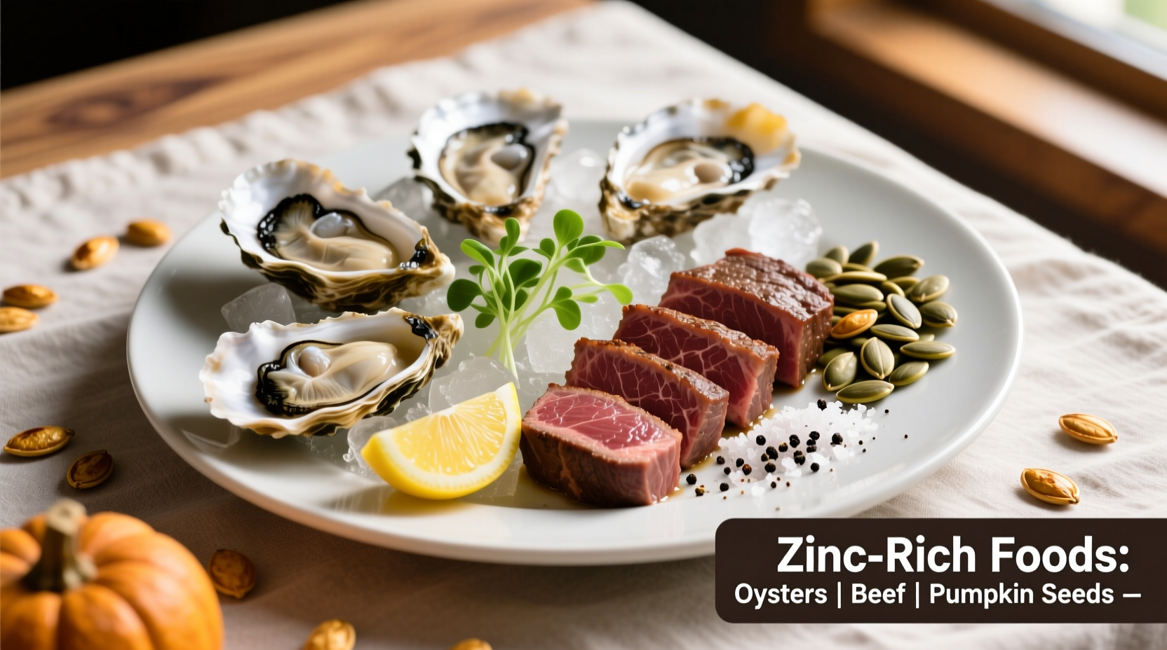 Zinc-rich foods plate with oysters, beef, and pumpkin seeds