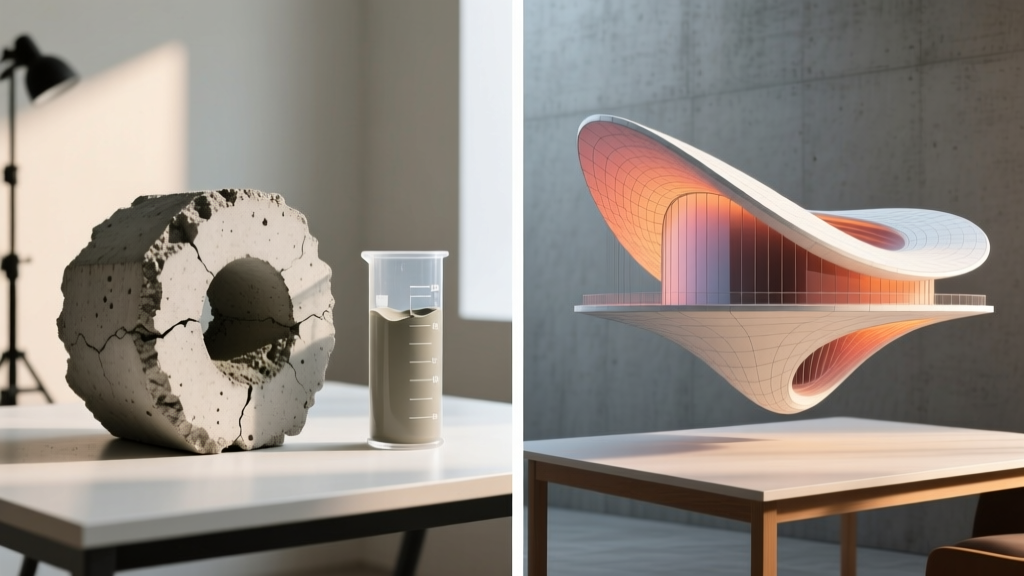 Split-screen architectural studio desk showing a physical concrete core sample and slump test on one side, and a digital 3D parametric model of a sweeping concrete shell structure on the other