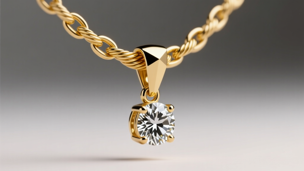 Macro shot of a solid 14k yellow gold cable chain threading through a polished bail of a diamond pendant, soft studio lighting