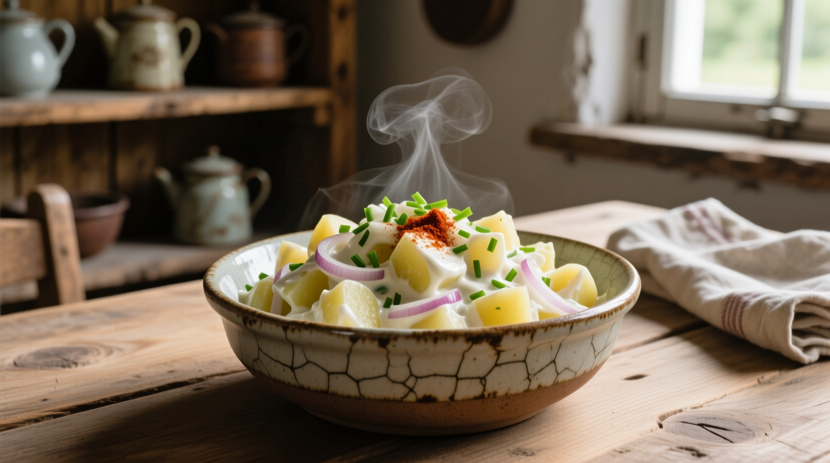 Traditional German potato salad served warm in a ceramic bowl