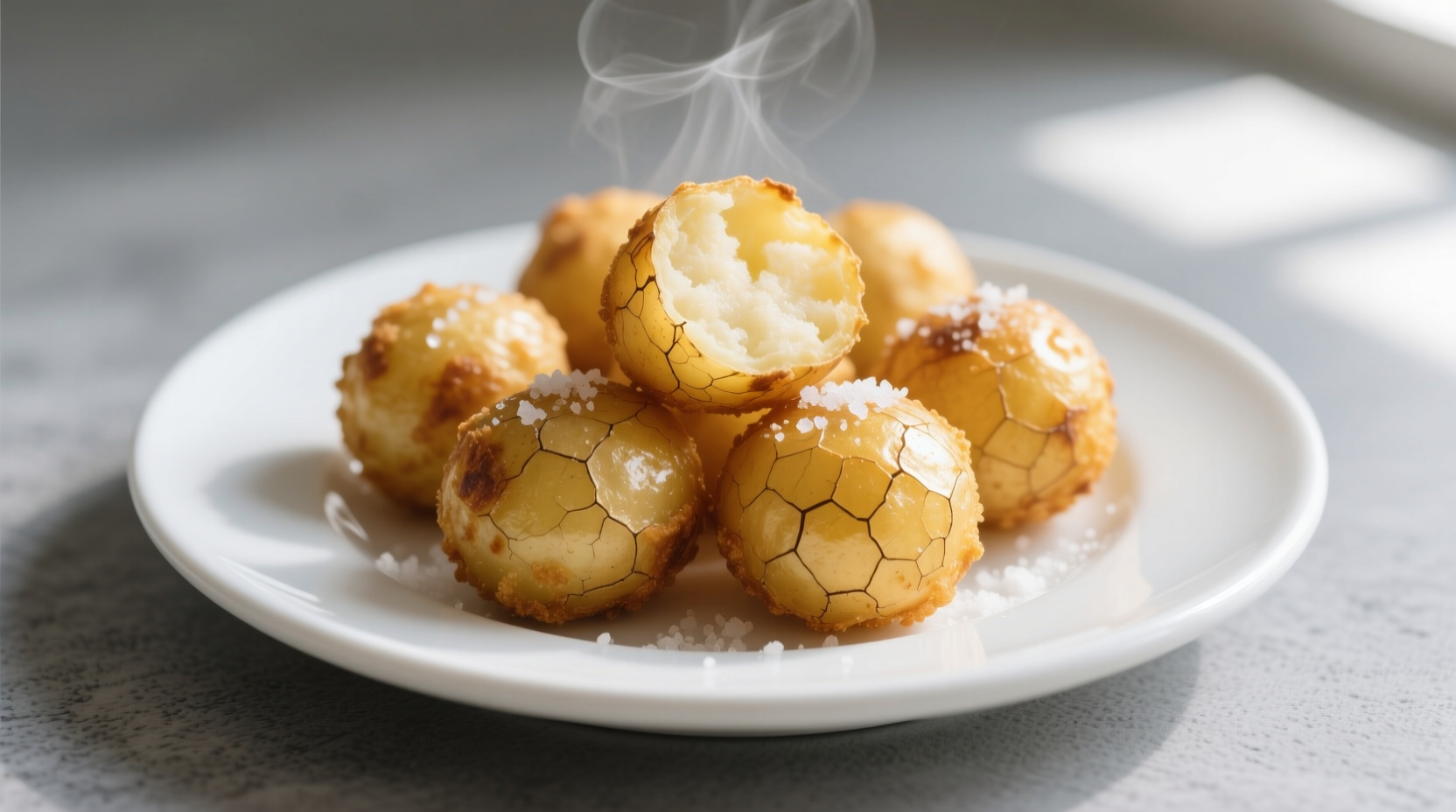 Golden crispy potato balls on white plate