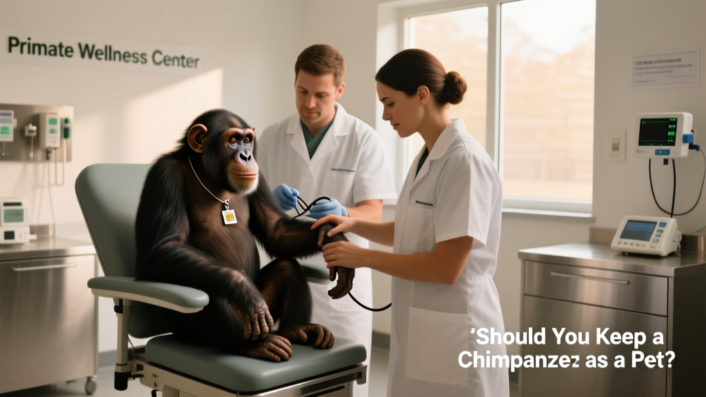 Veterinary team conducting a gentle health check on a calm, cooperative chimpanzee in a clinical setting