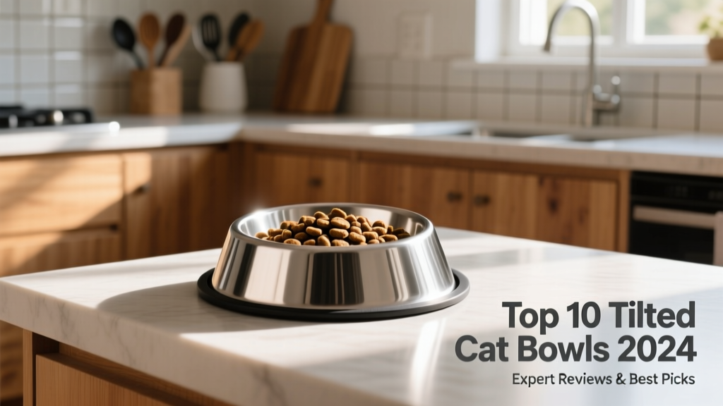 Side view of a sleek, stainless-steel tilted cat bowl on a kitchen counter, with kibble neatly arranged inside