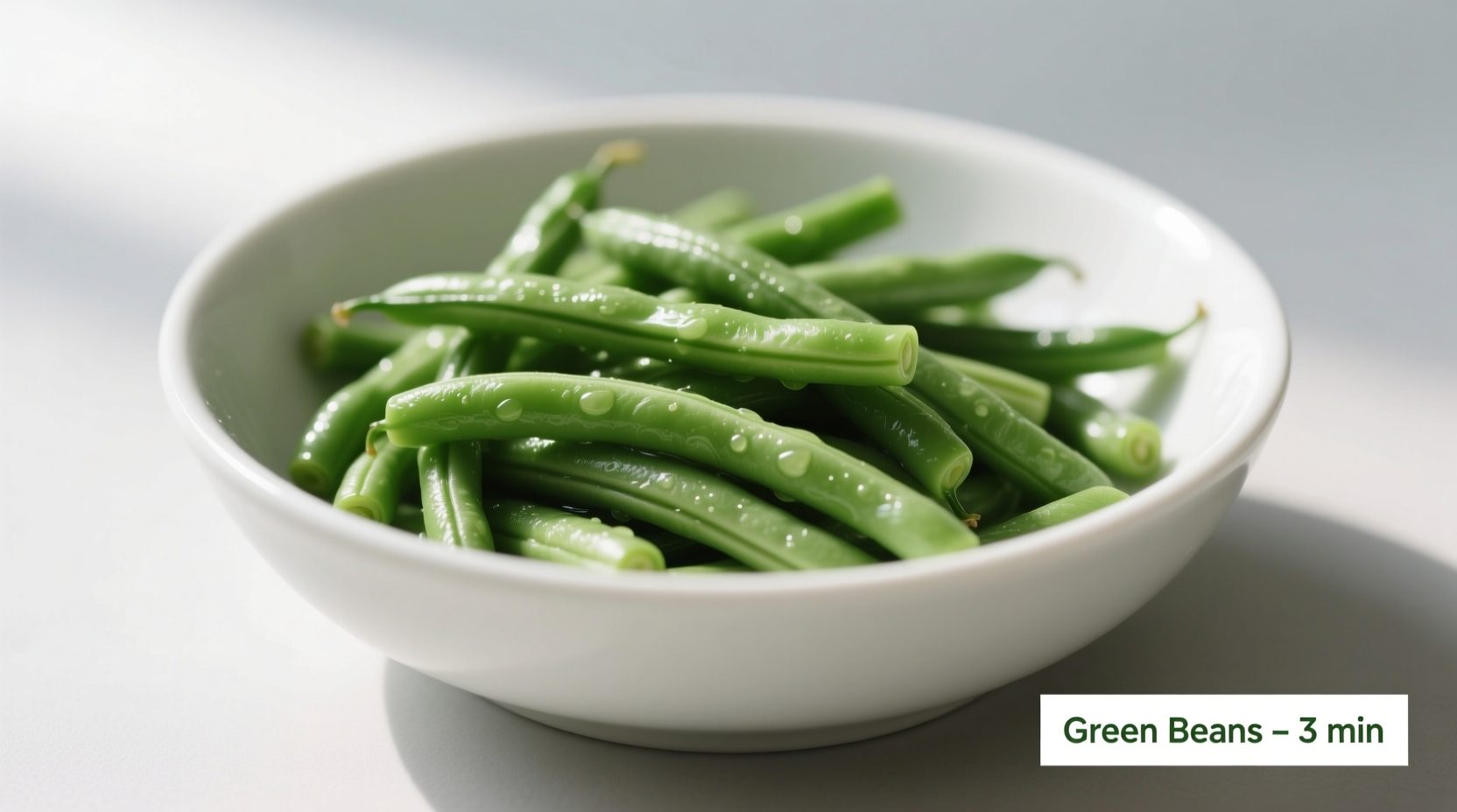 Perfectly cooked green beans in a white bowl