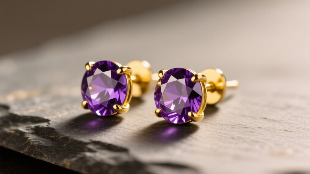 Close-up of 14k gold amethyst stud earrings on slate, soft light highlighting deep purple facets and polished yellow gold prongs