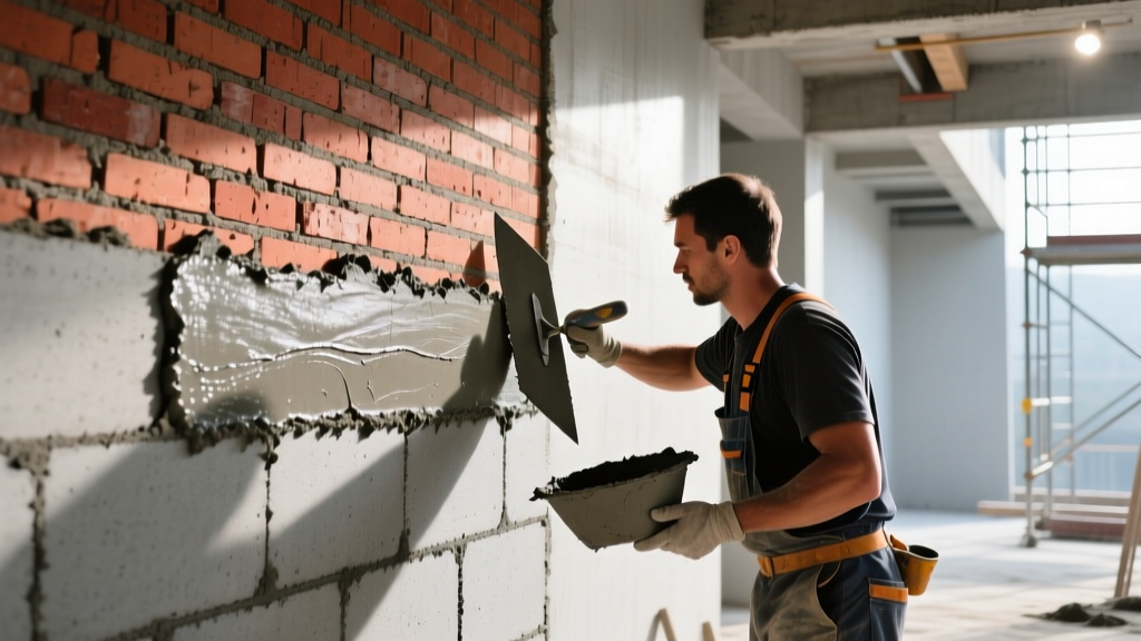 Mason troweling mortar on a gray concrete block wall beside a red clay brick veneer wall under bright construction site lighting