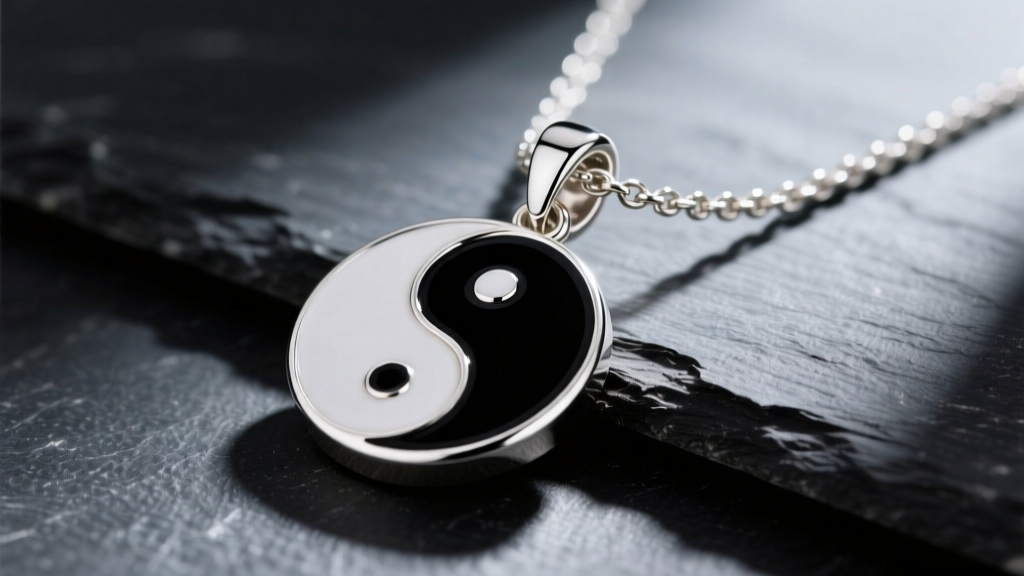 Macro shot of a sterling silver and black enamel ying yang necklace on dark slate, focusing on the soldered bail loop.