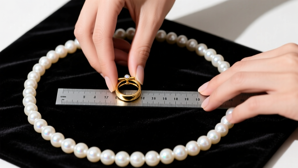 Top view of hands measuring a gold toggle ring inner diameter with a steel ruler next to loose white pearls on a dark velvet mat.