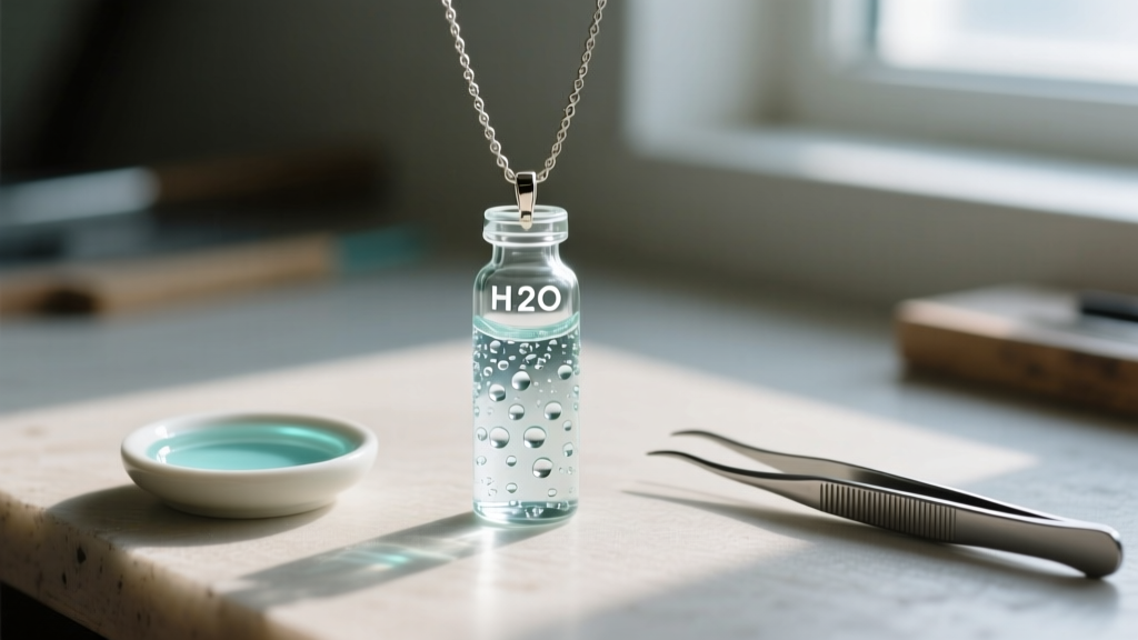 Macro shot of a glass vial H2O necklace showing internal condensation, resting on a workbench next to UV resin and tweezers.