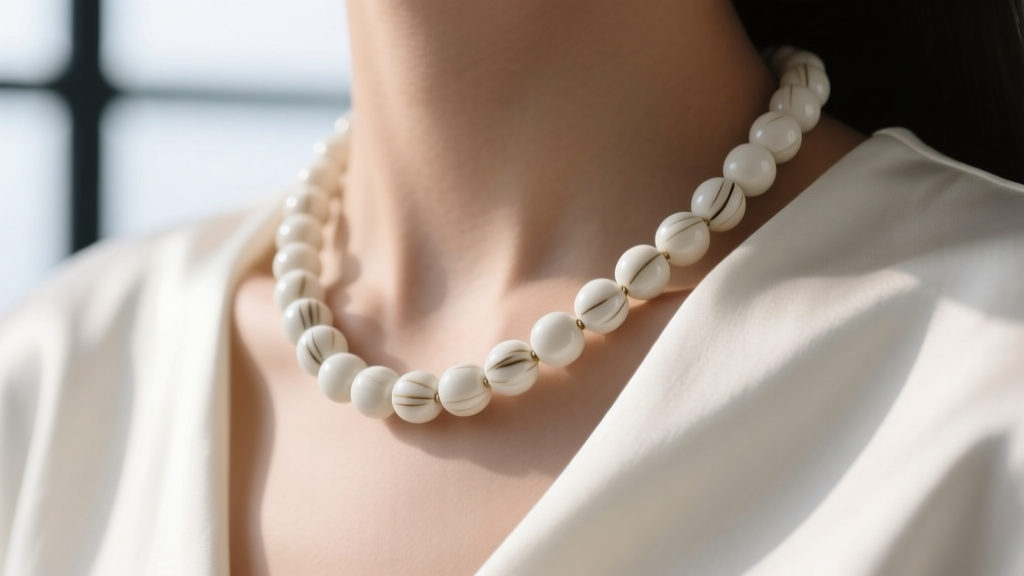 Macro shot of a single-strand necklace with massive 20mm polished white bone beads resting on a modern white dress collarbone.
