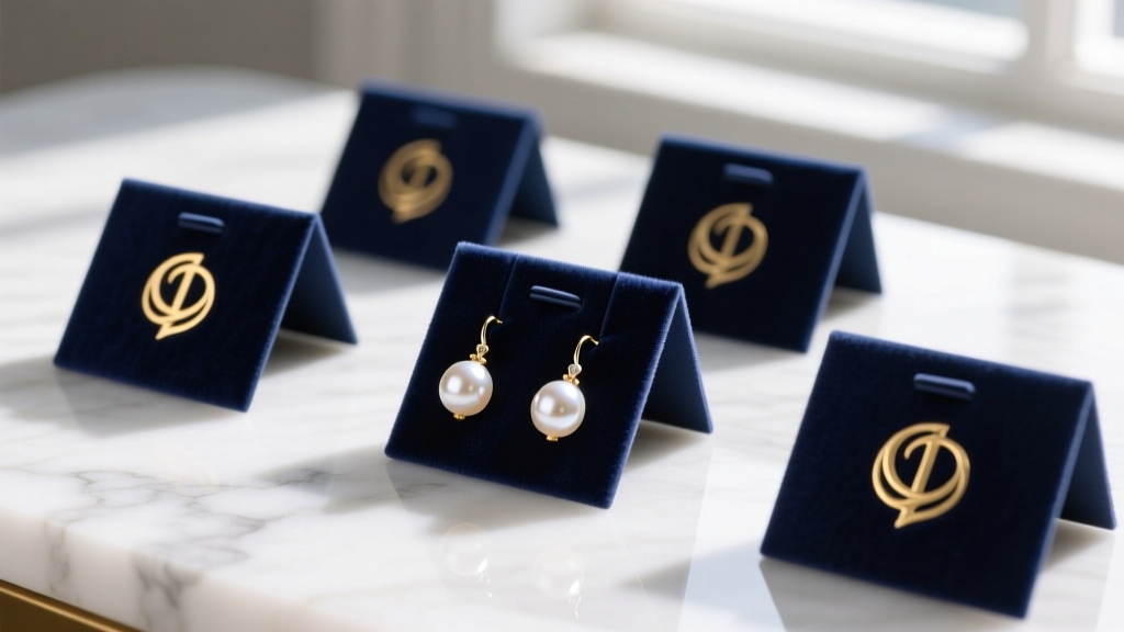 Navy velvet-flocked display earring cards with gold foil logos holding delicate pearl drop earrings on a white marble surface