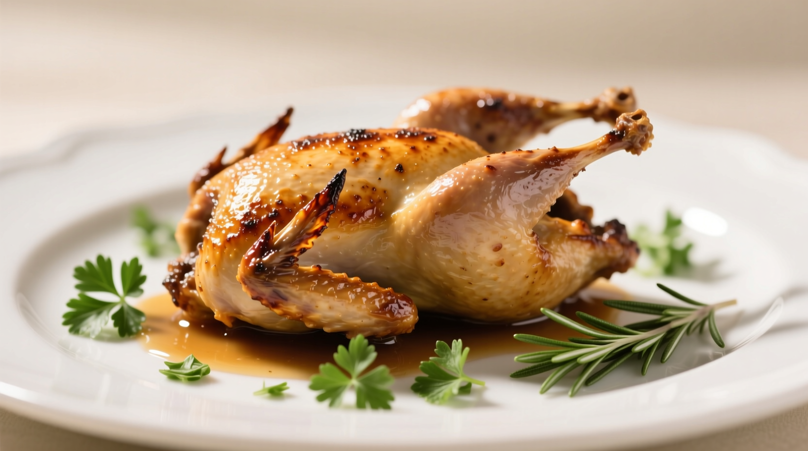 Perfectly seared quail with herb garnish on white plate