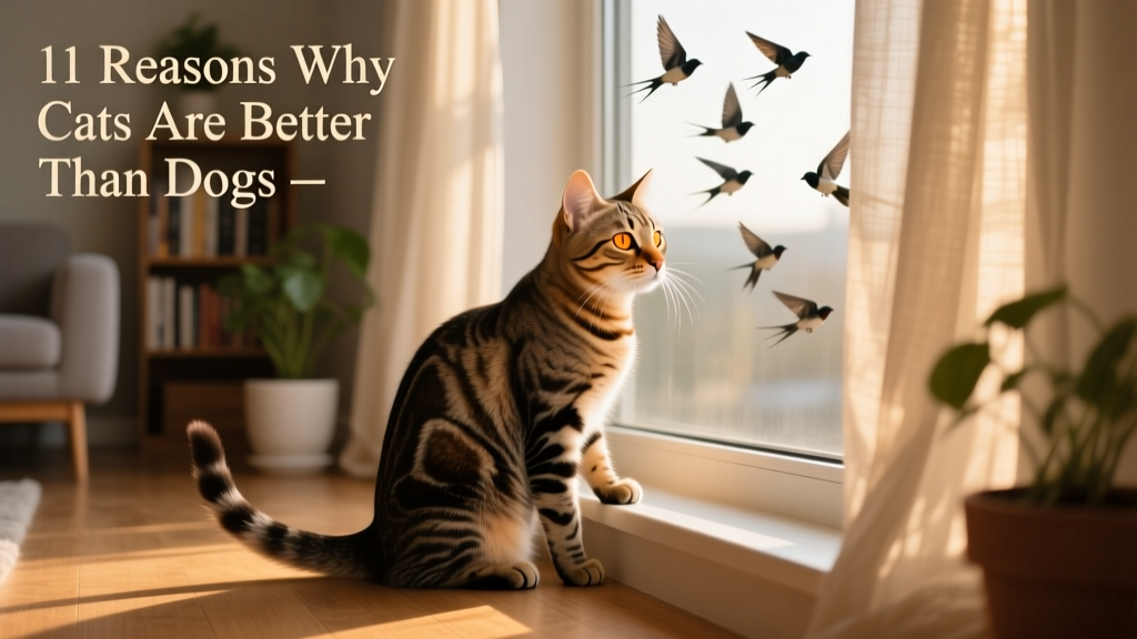 A tabby cat intently watching birds outside a window, tail flicking gently