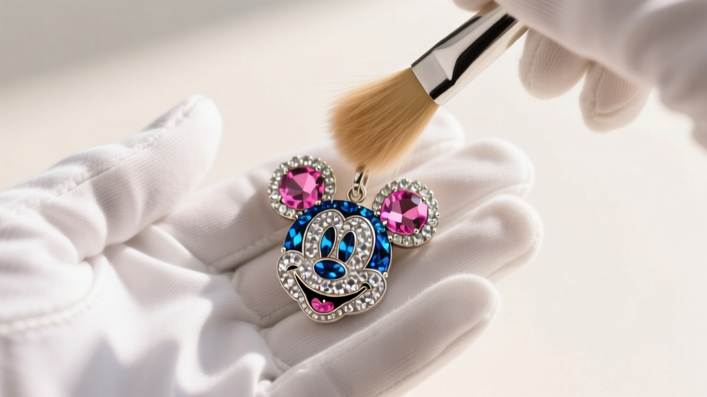 Soft camel-hair brush sweeping dust from a rhinestone vintage Mickey Mouse pendant held in a white cotton jeweler's glove.