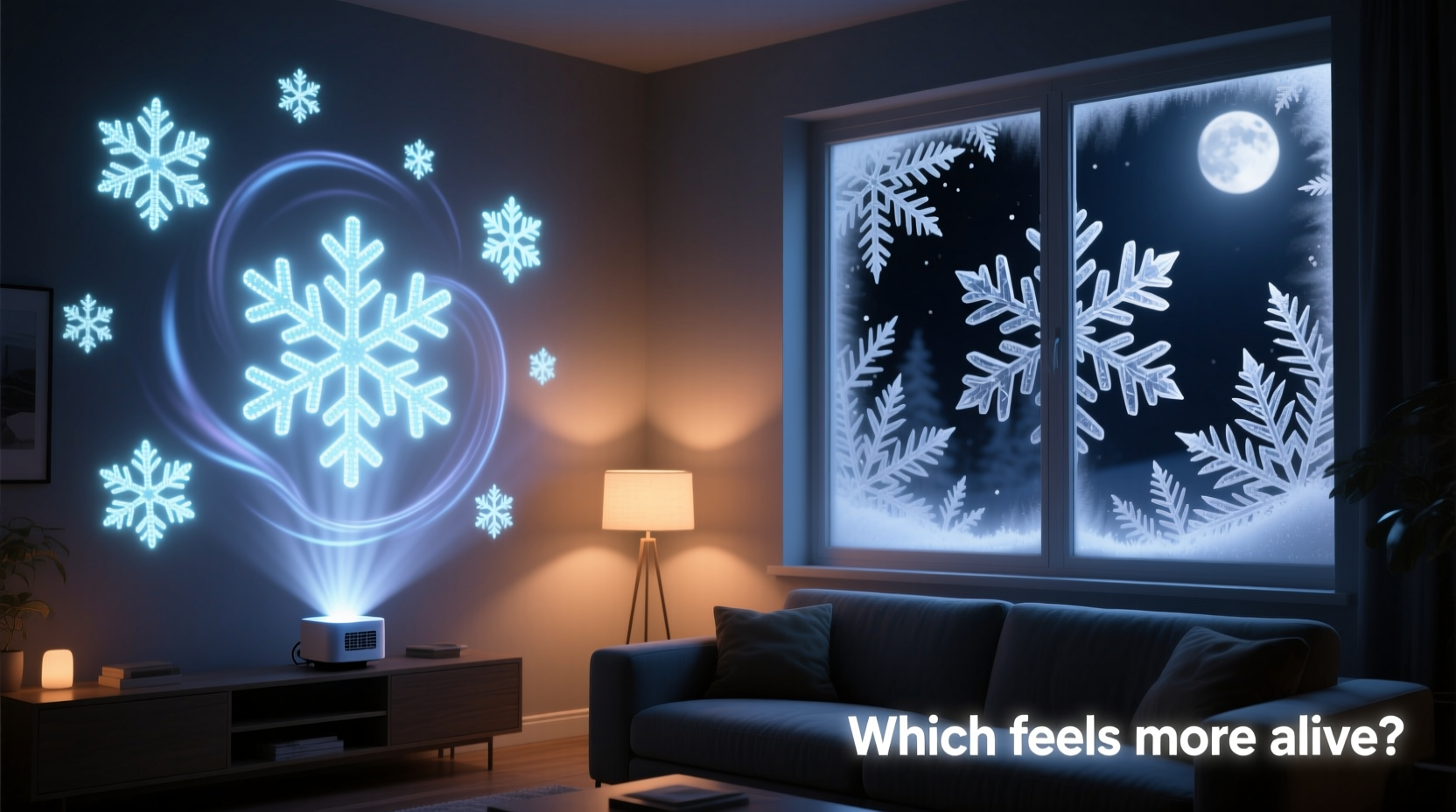 animated led snowflake projector vs static frosted window decals which feels more immersive at night