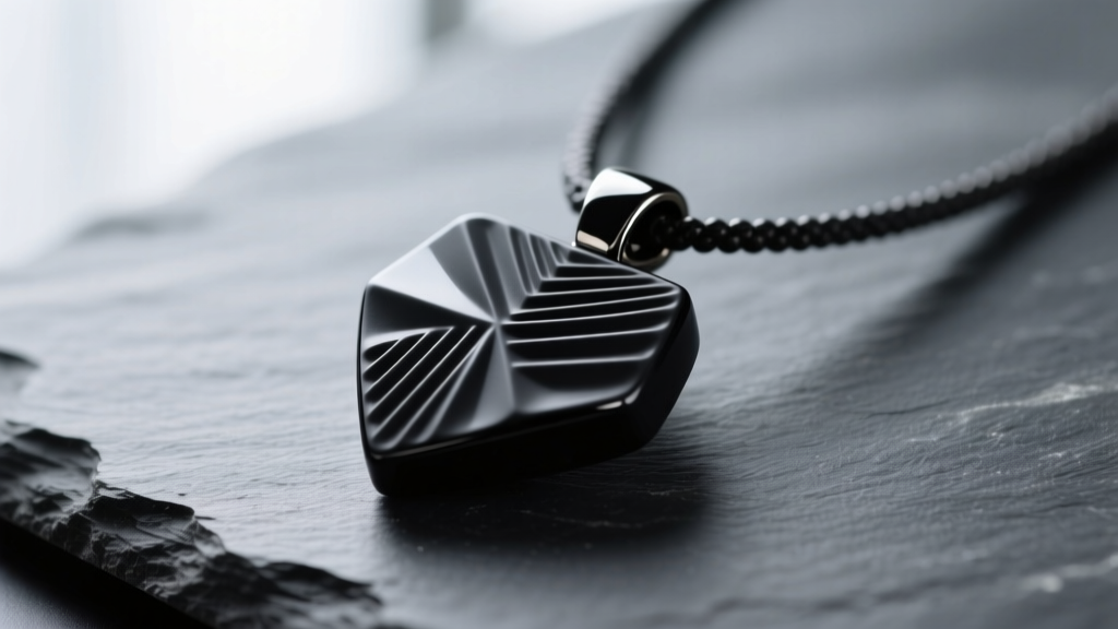 Close-up of a matte black platinum-cured silicone sensory necklace pendant with geometric tactile grooves resting on dark slate