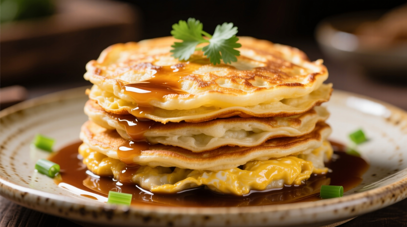 Perfectly golden egg foo yung pancakes with brown sauce