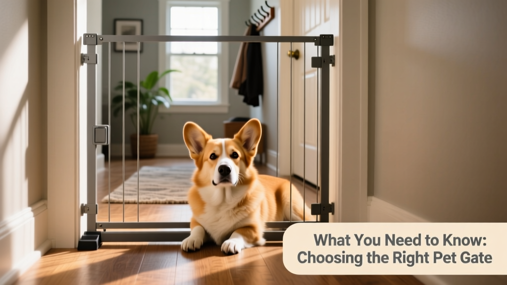 A medium-sized dog calmly resting behind a tall, sturdy pressure-mounted pet gate in a hallway