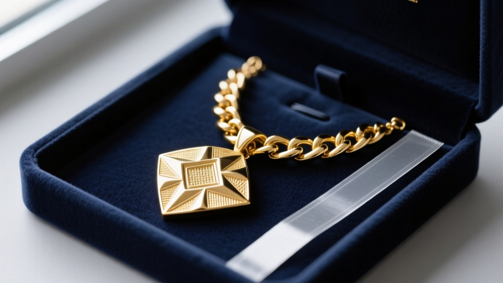 A large gold vermeil chunky pendant necklace stored flat inside a velvet-lined jewelry box with anti-tarnish strips placed nearby.