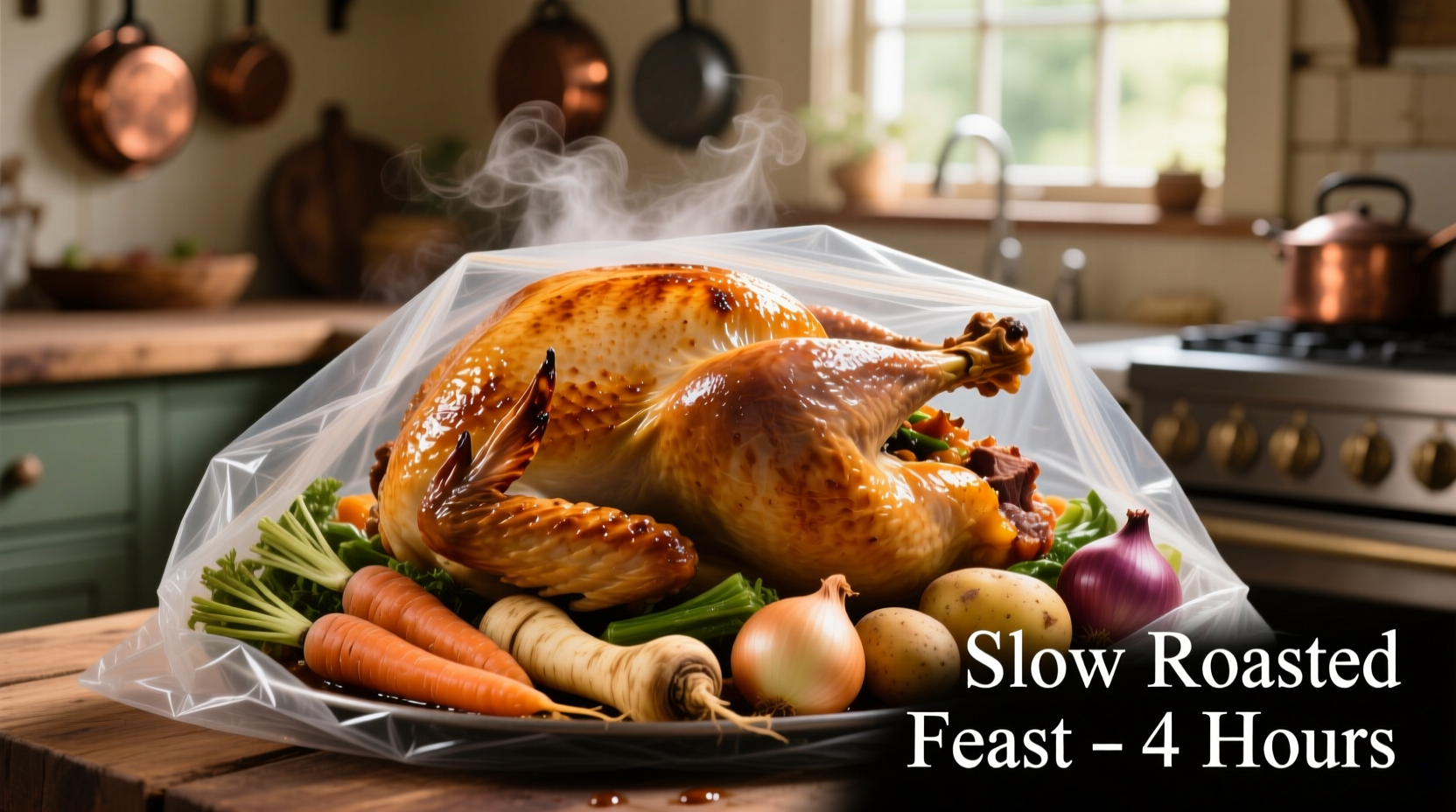 Turkey roasting in oven bag with vegetables