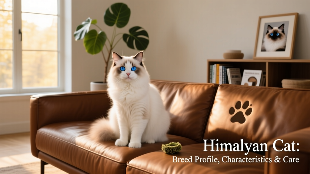 Himalayan cat sitting calmly on a brown leather couch in a sunlit living room