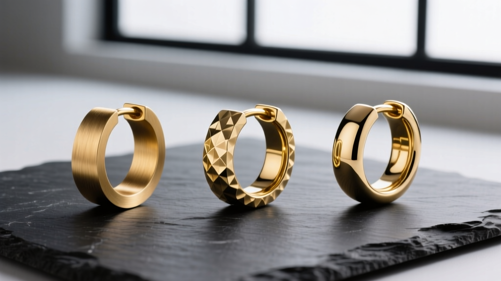 Flat lay of three mens gold hoops with brushed and hammered finishes on dark slate, soft studio lighting setup.