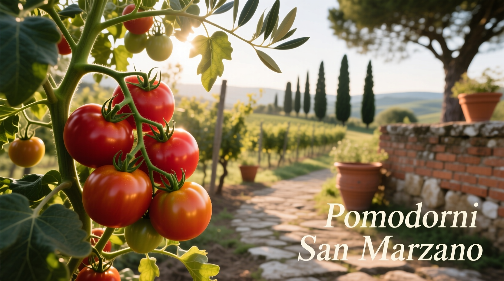 San Marzano tomatoes on vine in Italian garden