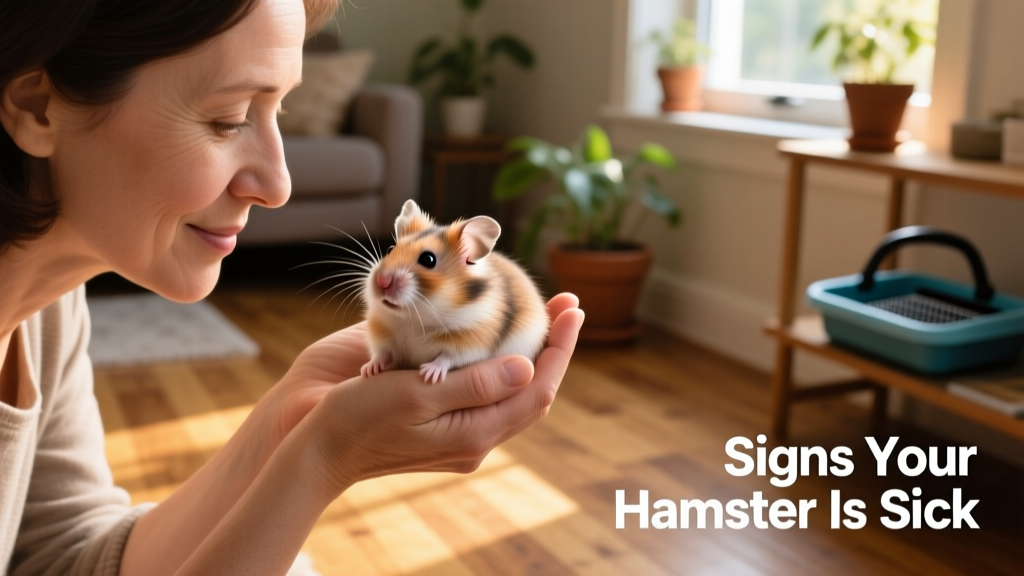 Caring owner holding a hamster gently while checking its eyes and nose during a home health check