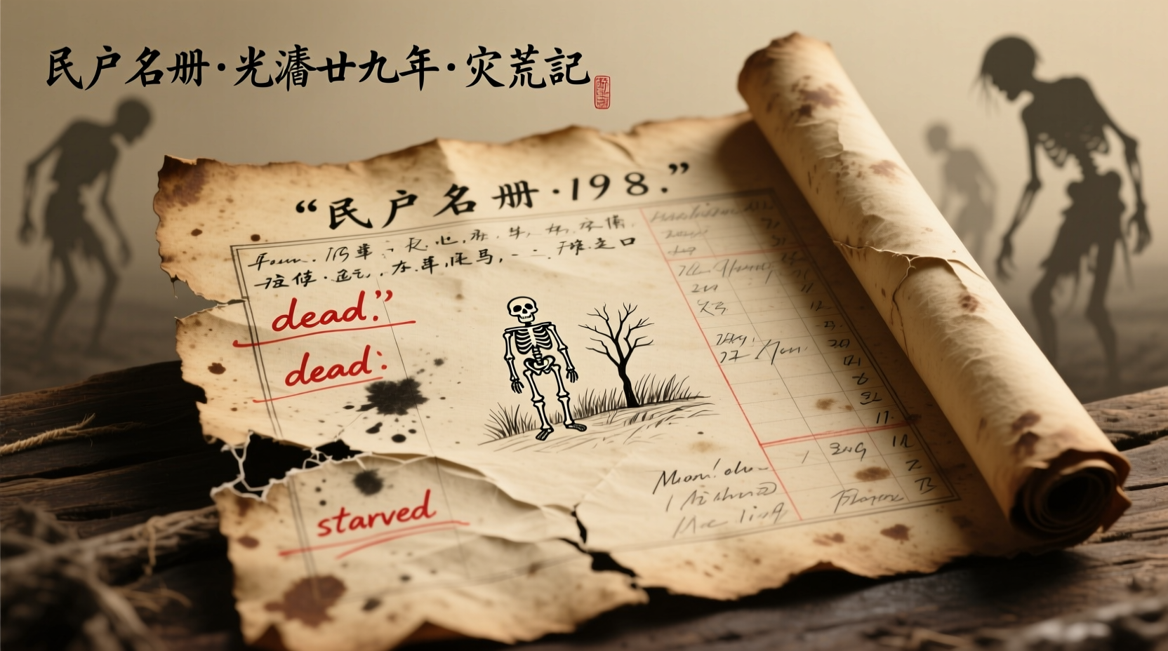 Historical document showing famine-era population records