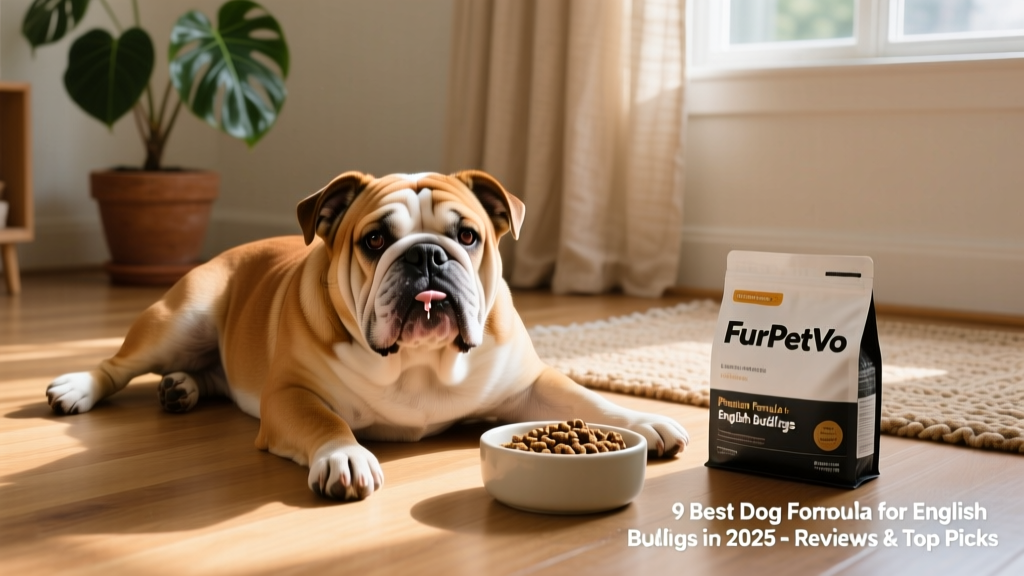 English Bulldog lounging comfortably after a meal, with a clean bowl and FurPetVo packaging nearby