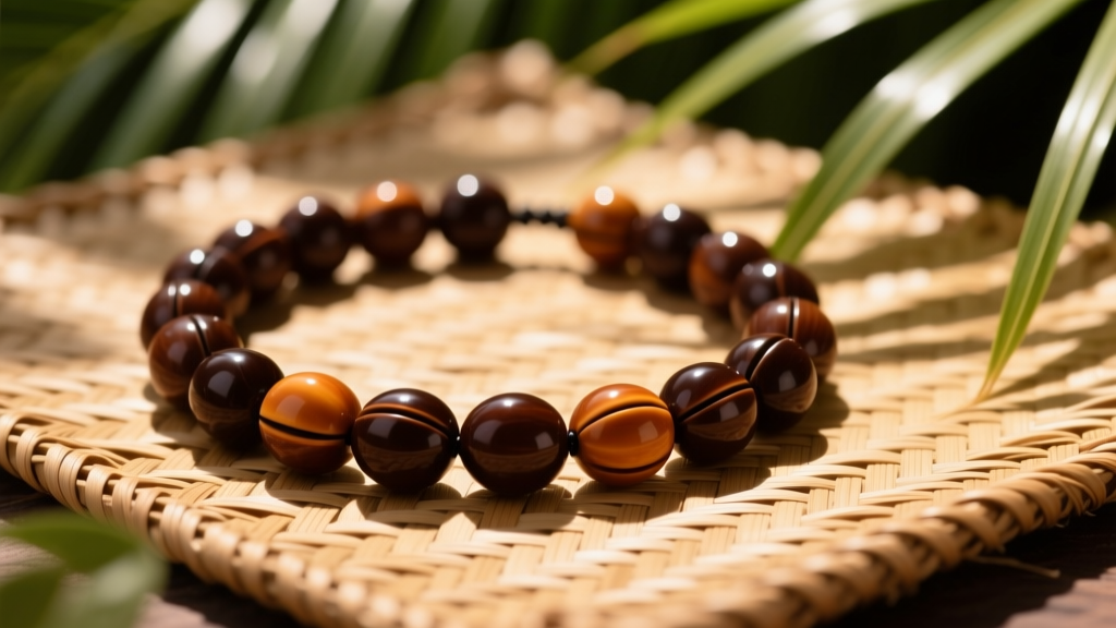 Close-up of a polished dark brown kukui nut hawaiian beads necklace resting on woven lauhala mat with soft tropical sunlight