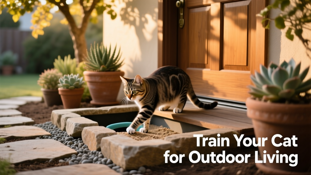 A cat calmly using a sandbox-style outdoor litter area near a patio door