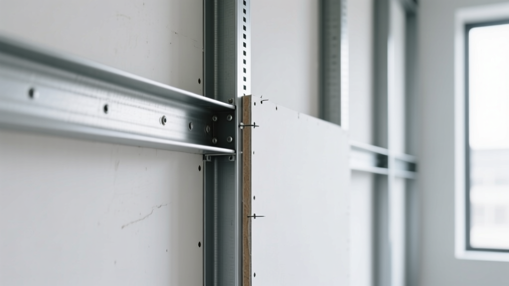 Close-up of a gypsum board wall showing tapered edges and half-inch thickness against metal framing studs in a modern commercial interior