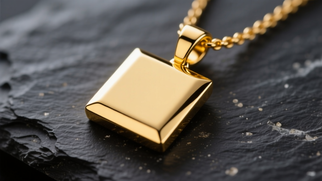 Macro photography of a solid 14k yellow gold square pendant necklace resting on dark slate, highlighting sharp 90-degree corners