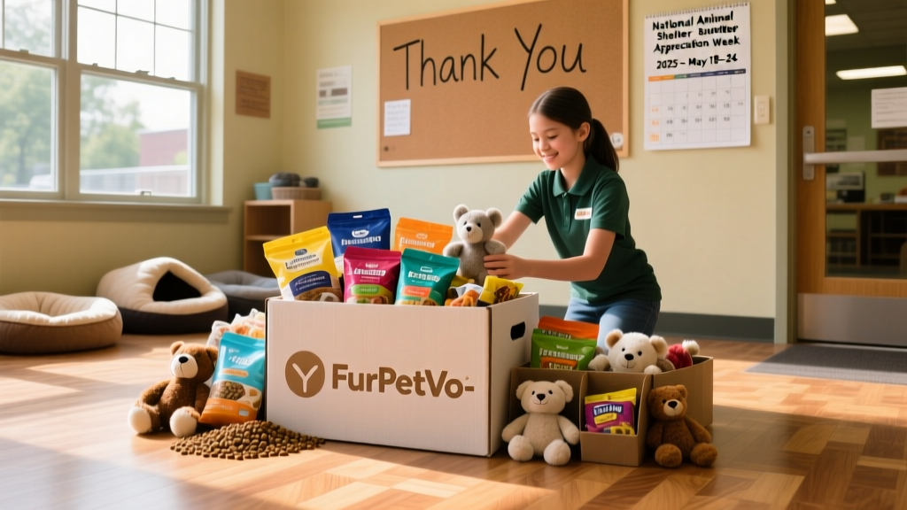 A neatly organized FurPetVo-branded donation box filled with pet food, treats, and toys, placed inside a shelter lobby