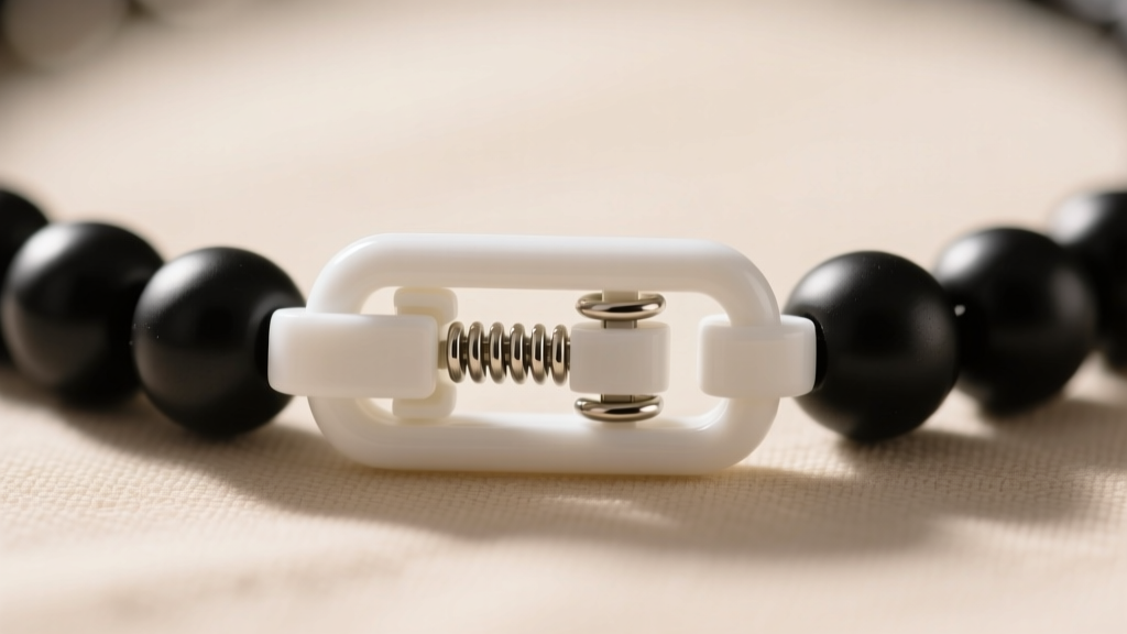 Macro close-up of a white plastic breakaway safety clasp on a silicone bead necklace, highlighting the internal release mechanism