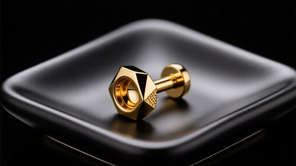 Close-up of a polished 14k gold threadless labret stud from M Ink House on a sterile black tray under bright studio lighting