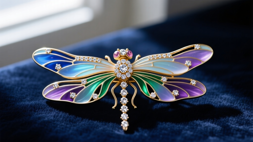 Close-up of an Art Nouveau dragonfly brooch with plique-à-jour enamel wings and rose-cut diamonds resting on dark velvet.
