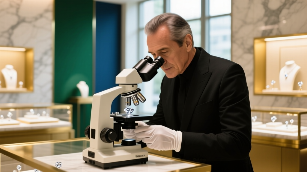 Professional jeweler examining a loose diamond girdle under a gemological microscope in a warmly lit, high-end retail setting.