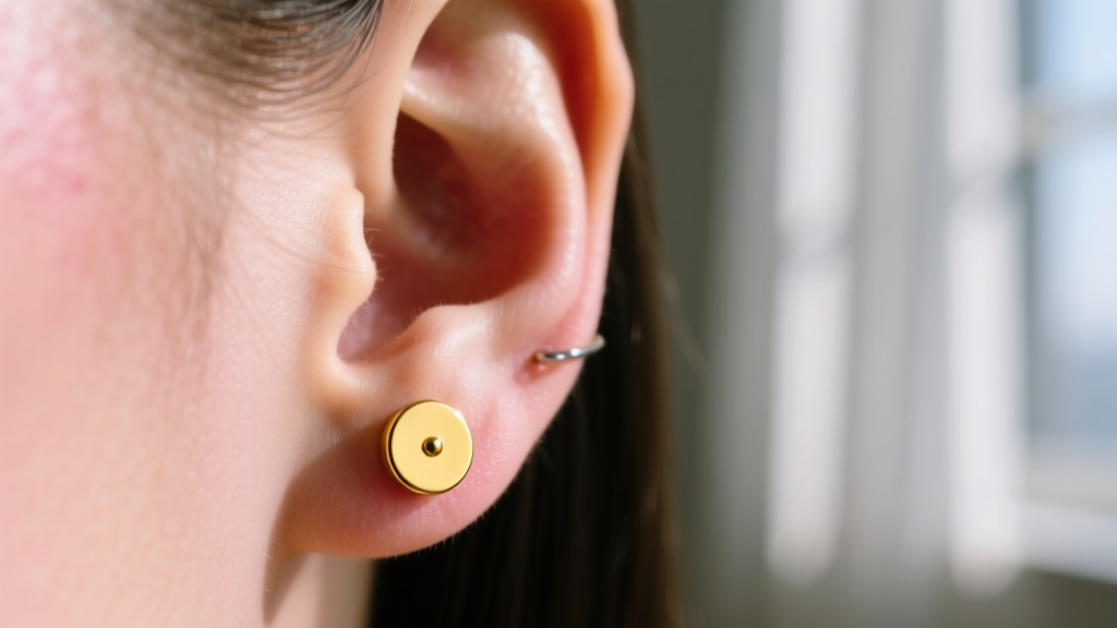 Close-up of a freshly pierced earlobe wearing a 14k yellow gold flat-back labret stud in soft natural window light setting.