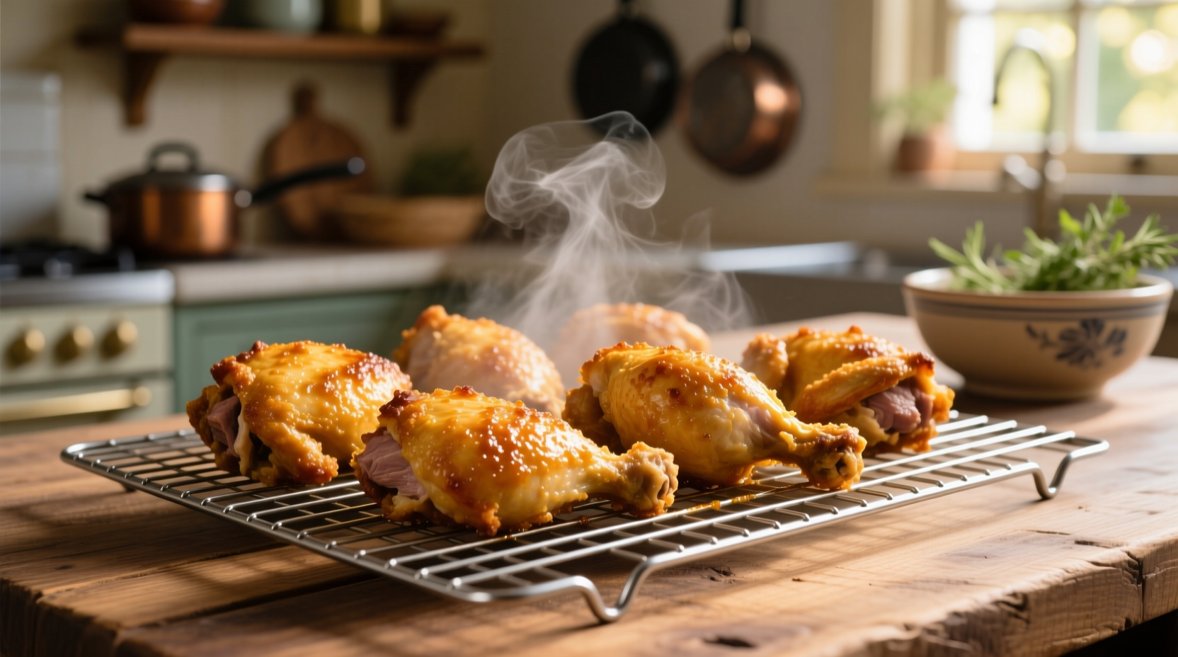Perfect golden fried chicken pieces on wire rack