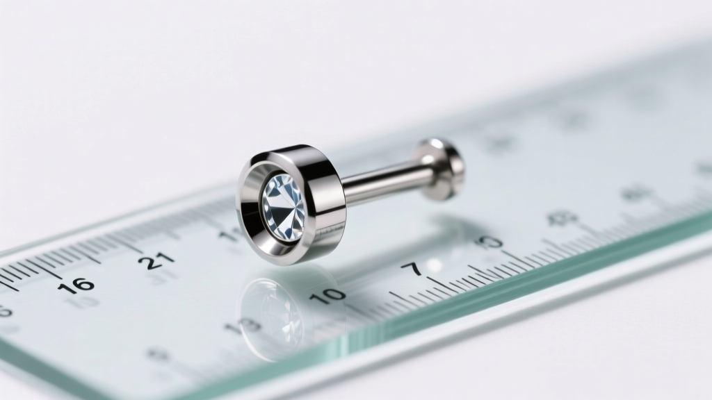 Macro shot of a 16-gauge ASTM F136 implant-grade titanium threadless labret stud with mirror finish on a glass calibration scale.