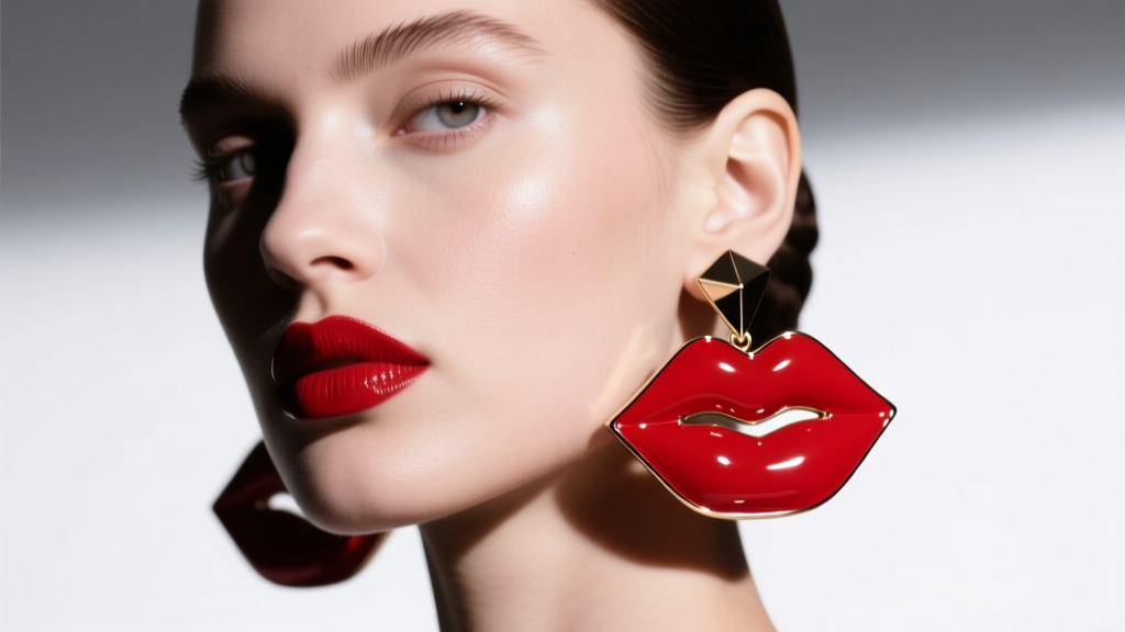 Close-up of a model wearing oversized red enamel lipstick earrings against a stark white studio backdrop with dramatic side lighting