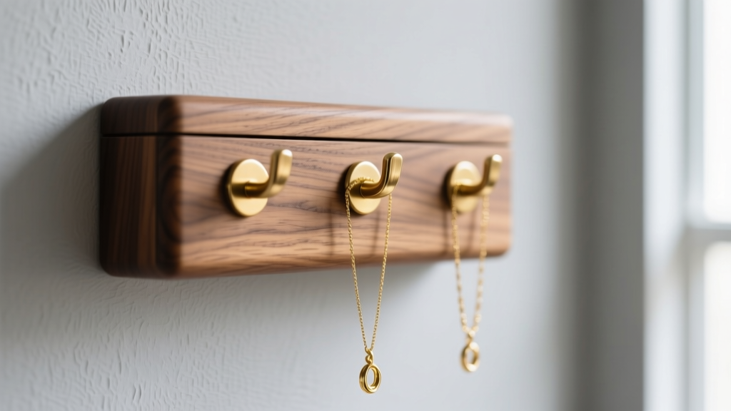 Close-up of walnut wood jewelry box wall mount with brass hooks, displaying gold necklaces against a soft gray textured wall.