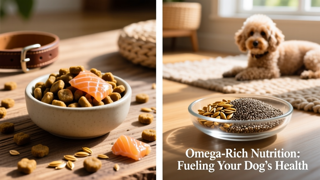 Side-by-side comparison of dog food kibble with visible omega-rich ingredients like salmon flakes and flax seeds