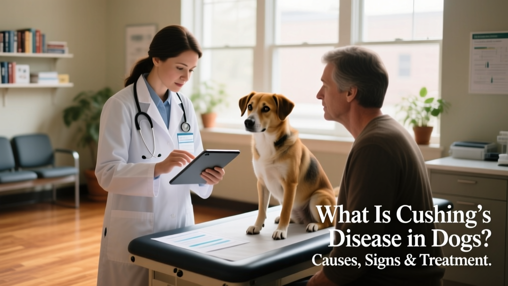Veterinarian reviewing lab results and discussing treatment plan with concerned dog owner during a follow-up appointment