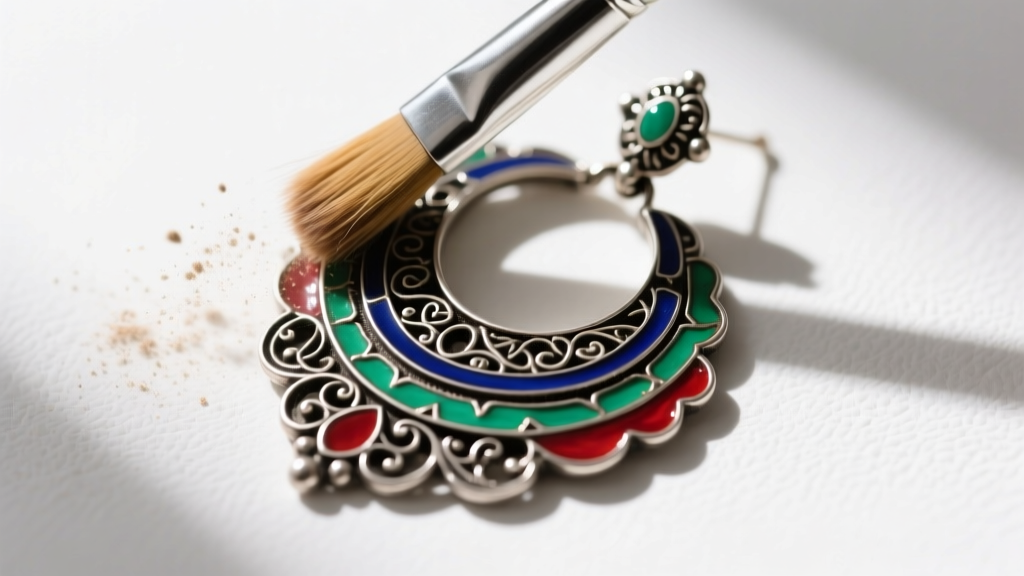 Top-down view of a soft brush gently cleaning intricate oxidized silver and enamel details on a traditional heavy dangle earring.