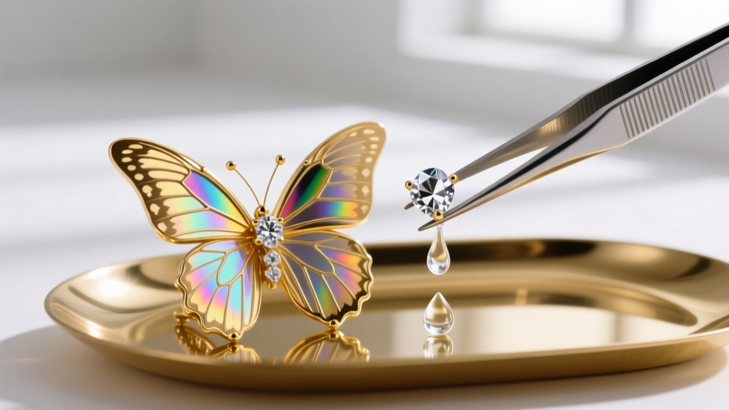 Fine tweezers placing an SS12 crystal into an empty prong on a gold butterfly wing, beside a drop of clear jeweler