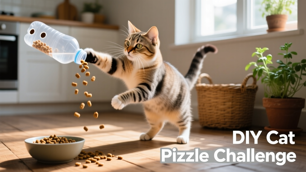 A cat batting at a plastic water bottle with food spilling from side holes