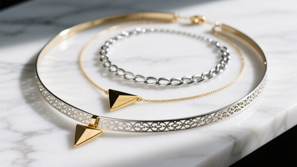 Layered necklaces on marble: a 16-inch choker, 18-inch gold triangle pendant, and 22-inch silver chain in soft diffused daylight